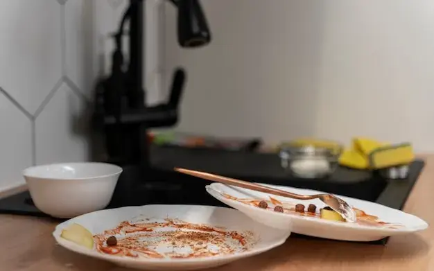 Louça usada e utensílios deixados sobre a bancada da cozinha depois de uma refeição