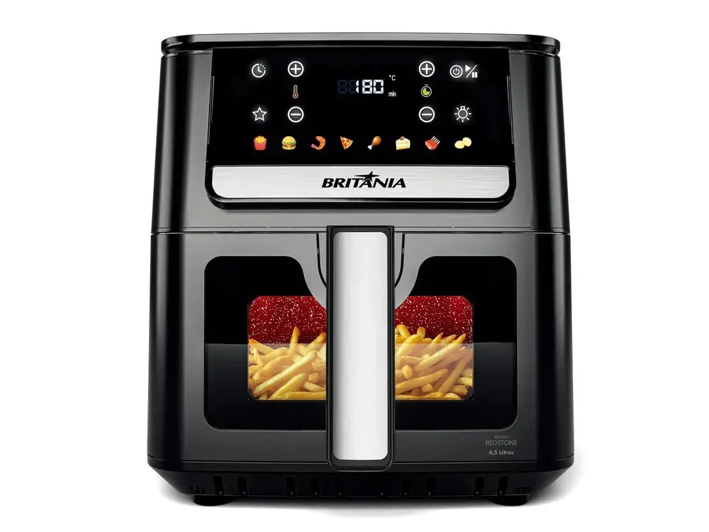 Air fryer Britânia BAF65A preta, com painel digital de ícones e visor frontal transparente