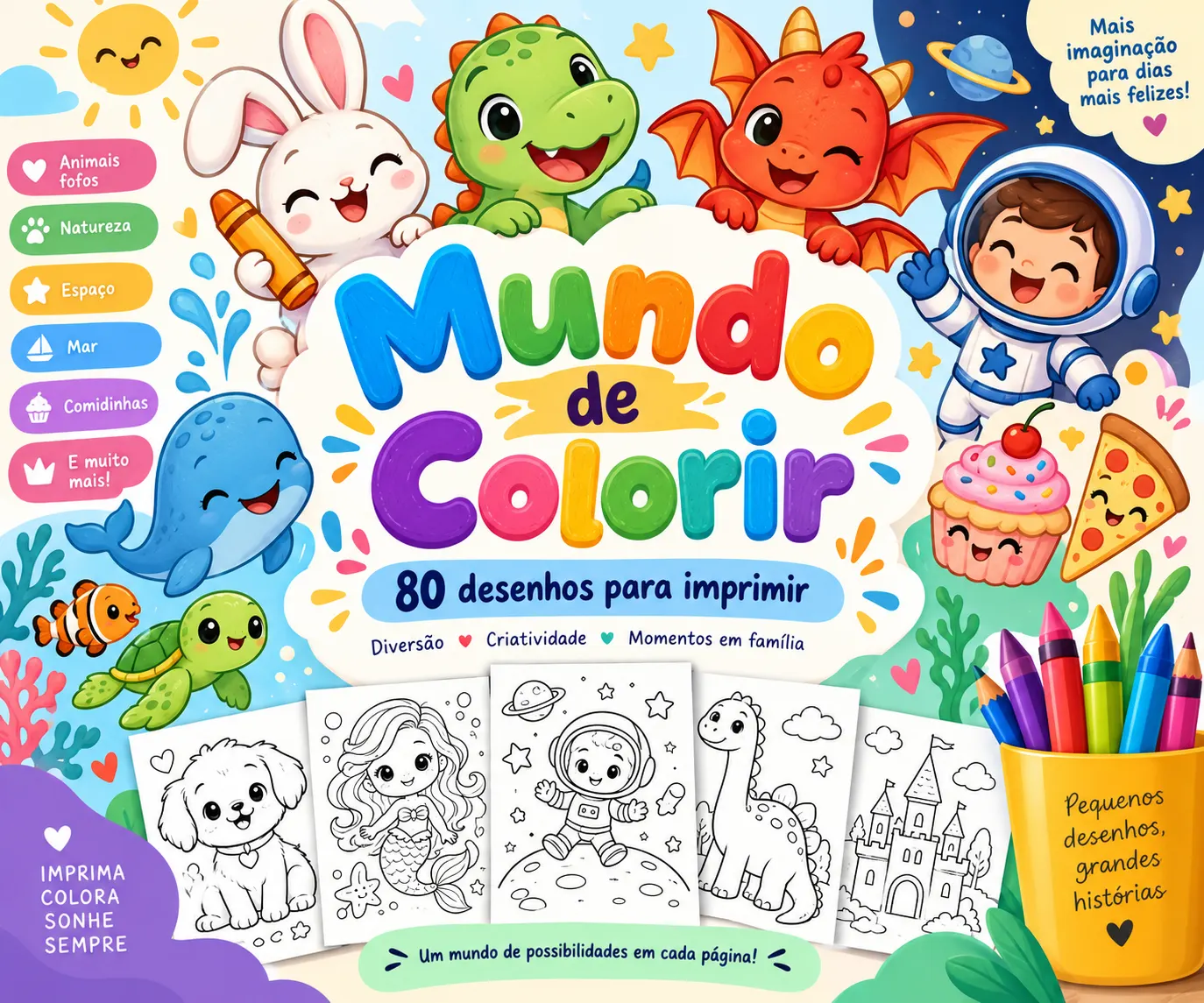 Capa do Mundo de Colorir, com bichinhos coloridos ao redor do título e cinco páginas do material embaixo