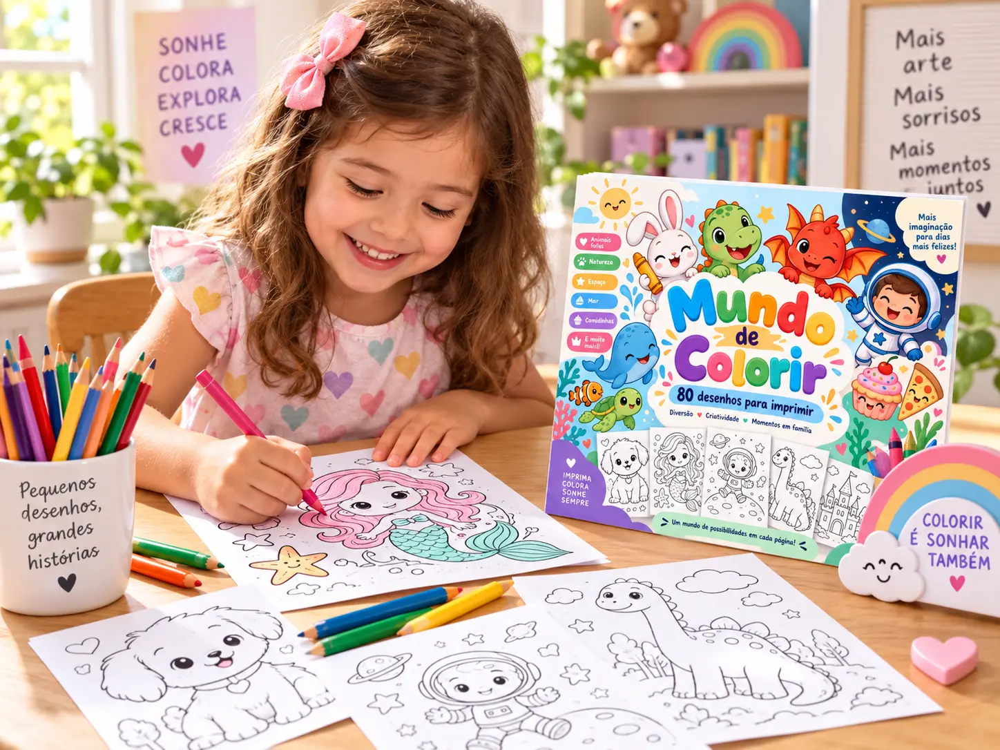 Criança colorindo uma página do material na mesa, com lápis de cor ao lado e a capa apoiada atrás