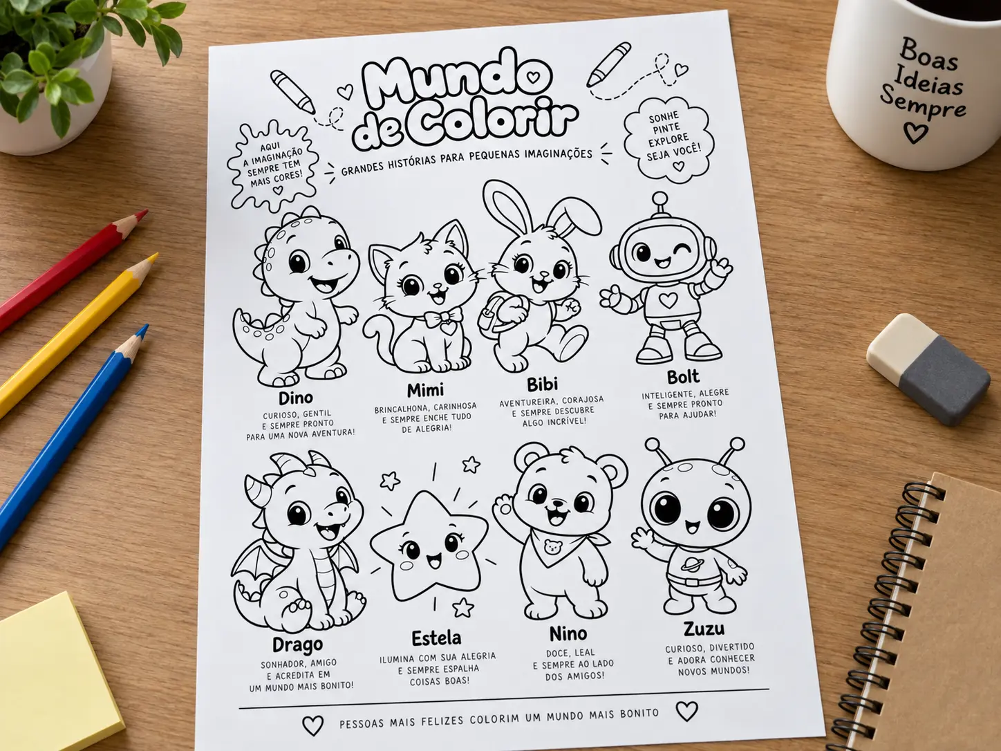 Página do material impressa sobre a mesa, com os oito personagens em contorno preto, lápis de cor e um caderno ao lado
